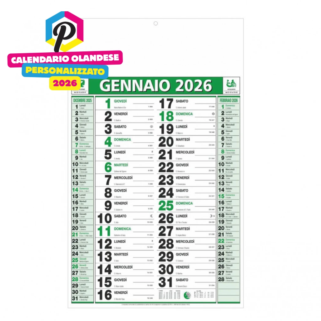 Calendario Olandese 2026 personalizzato - Formato da parete 28.8x47cm con stampa 4 colori